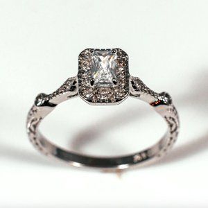 Vintage Halo Radiant Cut Sterling Silver Cubic Zirconia Ring Size 7